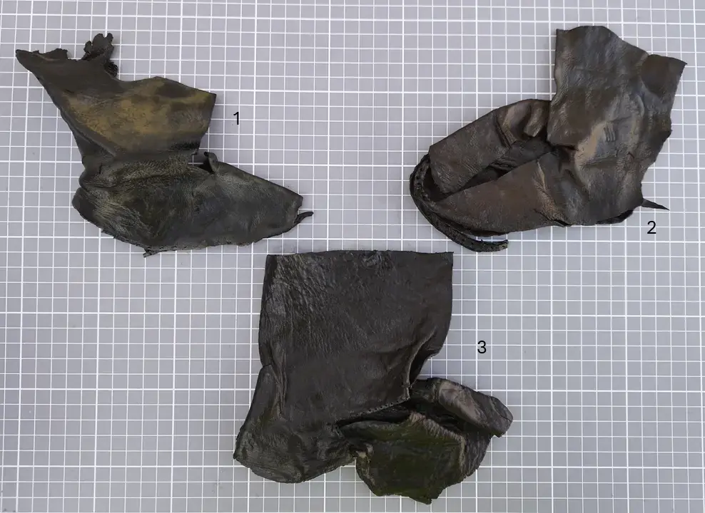 Tre fragmenterte barnestøvler fra middelalderen, laget av mørkt lær og funnet ved Bjørvika skole. Støvlene er nummerert 1 til 3 og varierer i størrelse og bevaringsgrad.