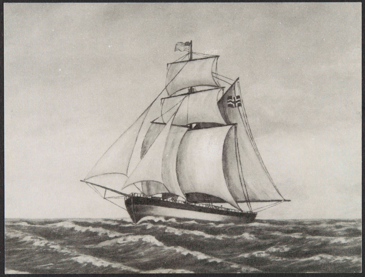 Tegning av seilskipet Restauration på åpent hav