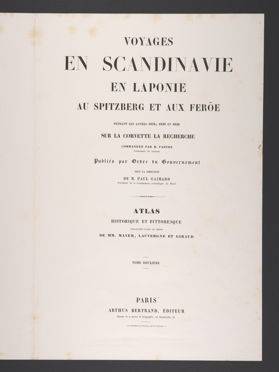 Plansjeregister med nummerert, kort beskrivelse av plansjene/litografiene. Fransk tekst.