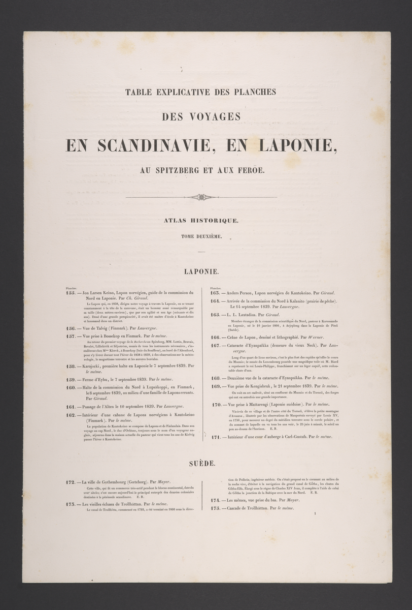 Plansjeregister med nummerert, kort beskrivelse av plansjene/litografiene. Fransk tekst.