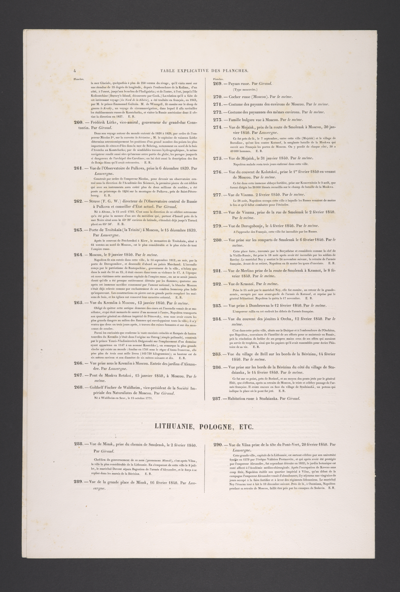 Plansjeregister med nummerert, kort beskrivelse av plansjene/litografiene. Fransk tekst.