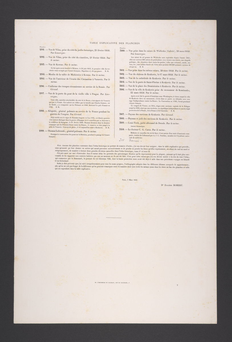 Plansjeregister med nummerert, kort beskrivelse av plansjene/litografiene. Fransk tekst.