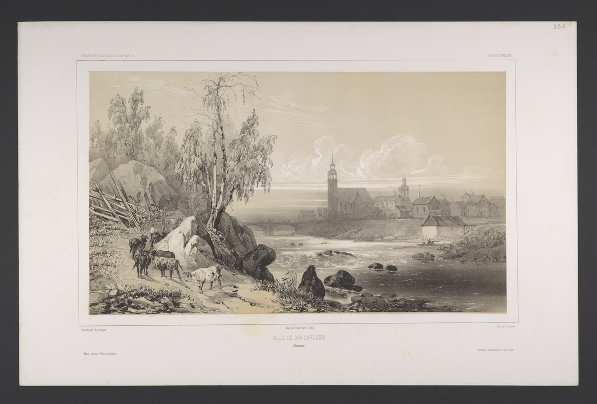 Karleby med bebyggelse, kirke og bro. Strandbredd med kyr i forgrunnen.