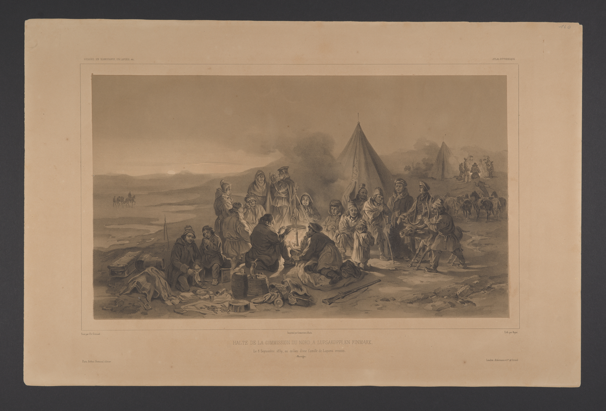 Ekspedisjonsmedlemmer rundt bål. Rast i teltleir hos flyttsamer. Lupsäkoppi 1839.