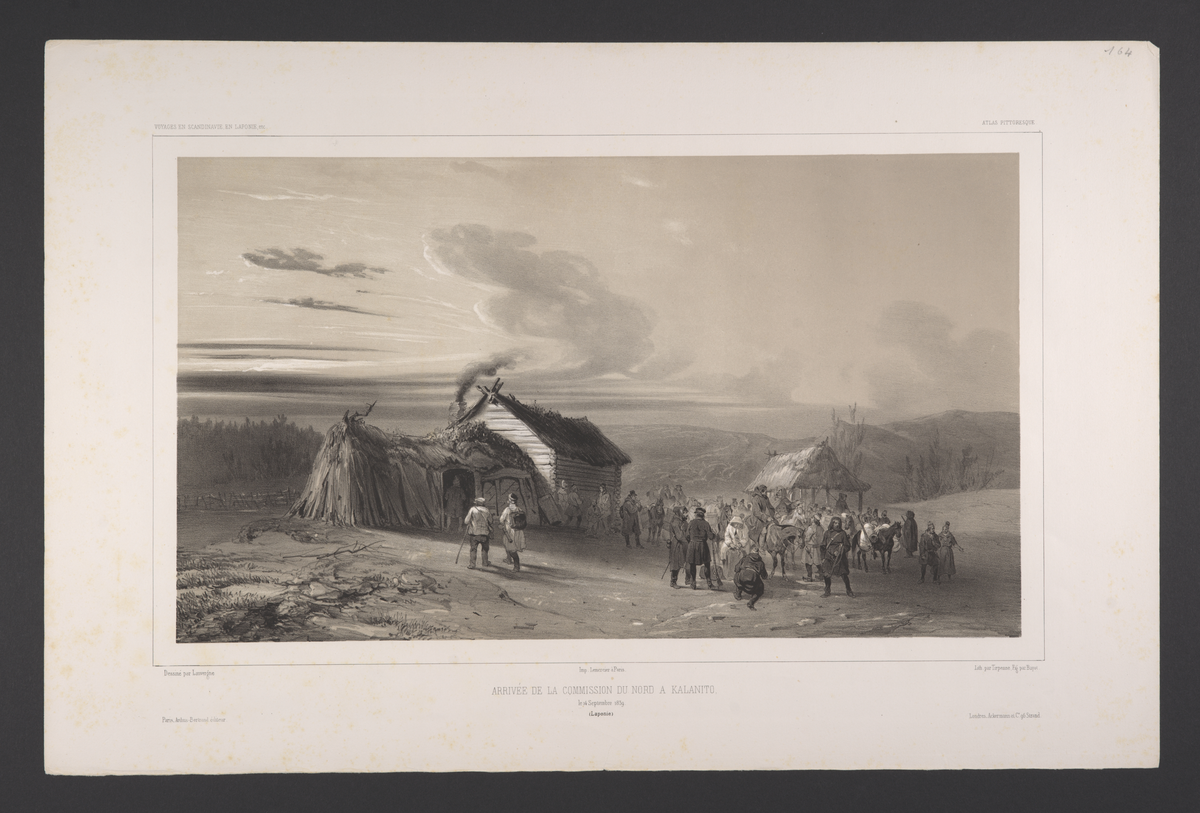 Ekspedisjonsmedlemmer ankommmer Kalanito. Gamme med tilbygg og reisverk med tak i landskap.