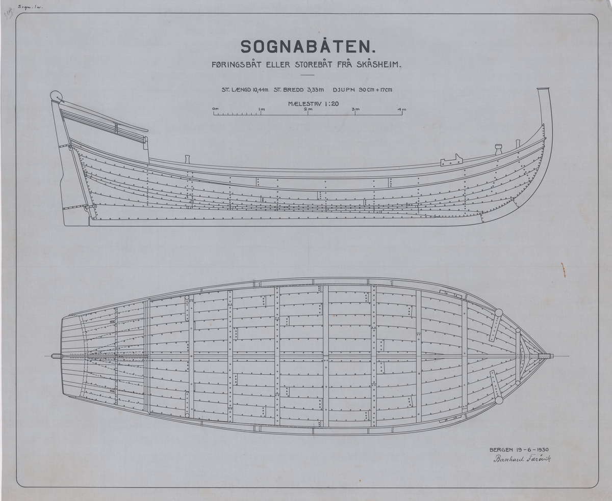 Sognabåt. Føringsbåt eller storebåt frå Skåsheim. Teikning av skrog.
Målestokk 1:20.