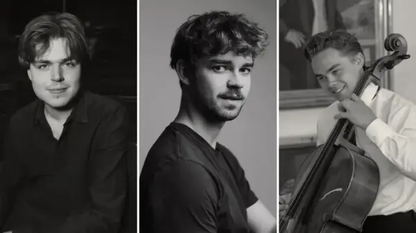 Tre svart-hvitt portrettfotografier av musikerne Gustav Rørmark, Njord Kårason Fossnes og Artturi Aalto.