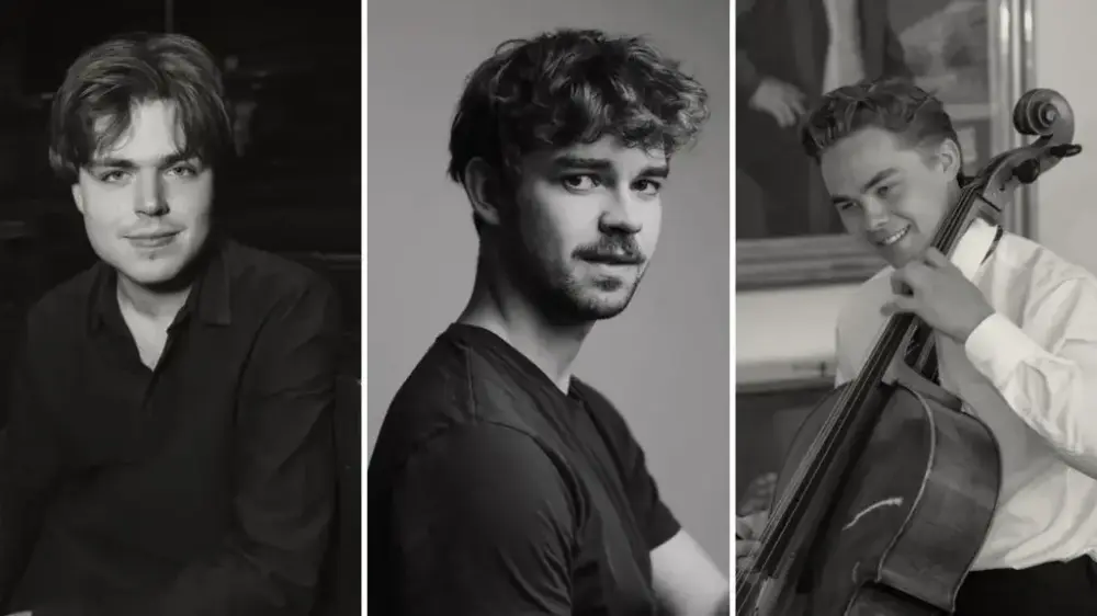 Tre svart-hvitt portrettfotografier av musikerne Gustav Rørmark, Njord Kårason Fossnes og Artturi Aalto.