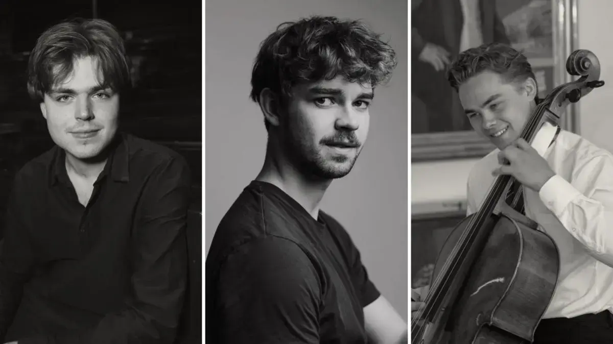 Tre svart-hvitt portrettfotografier av musikerne Gustav Rørmark, Njord Kårason Fossnes og Artturi Aalto.