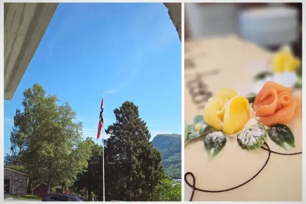 bilde av det norske flagget i flaggstonga i Aasentunet og eit bilde av ei marsipankake med to roser