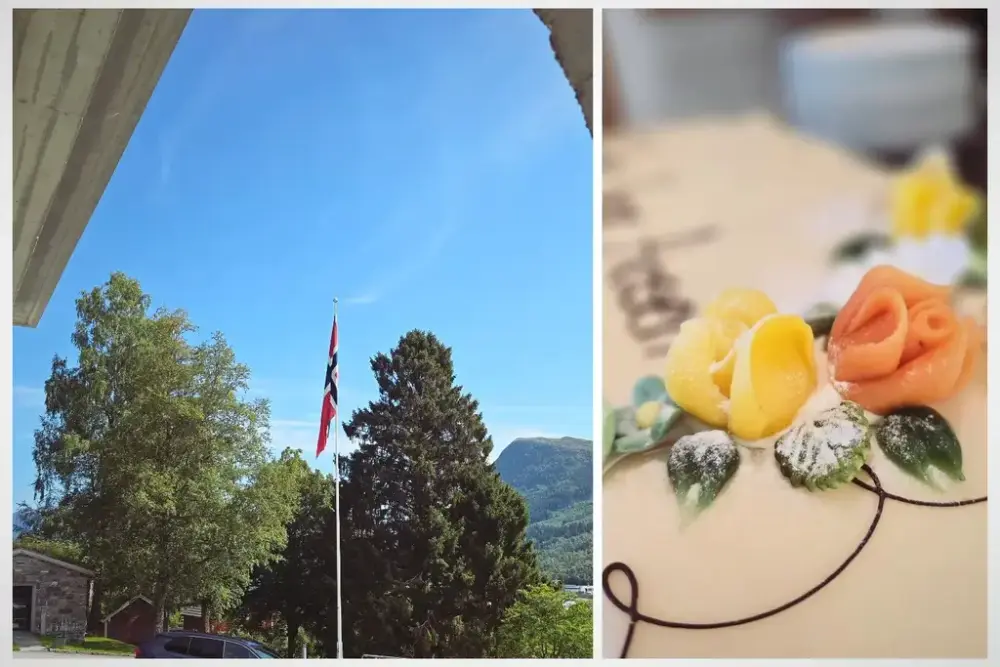 bilde av det norske flagget i flaggstonga i Aasentunet og eit bilde av ei marsipankake med to roser
