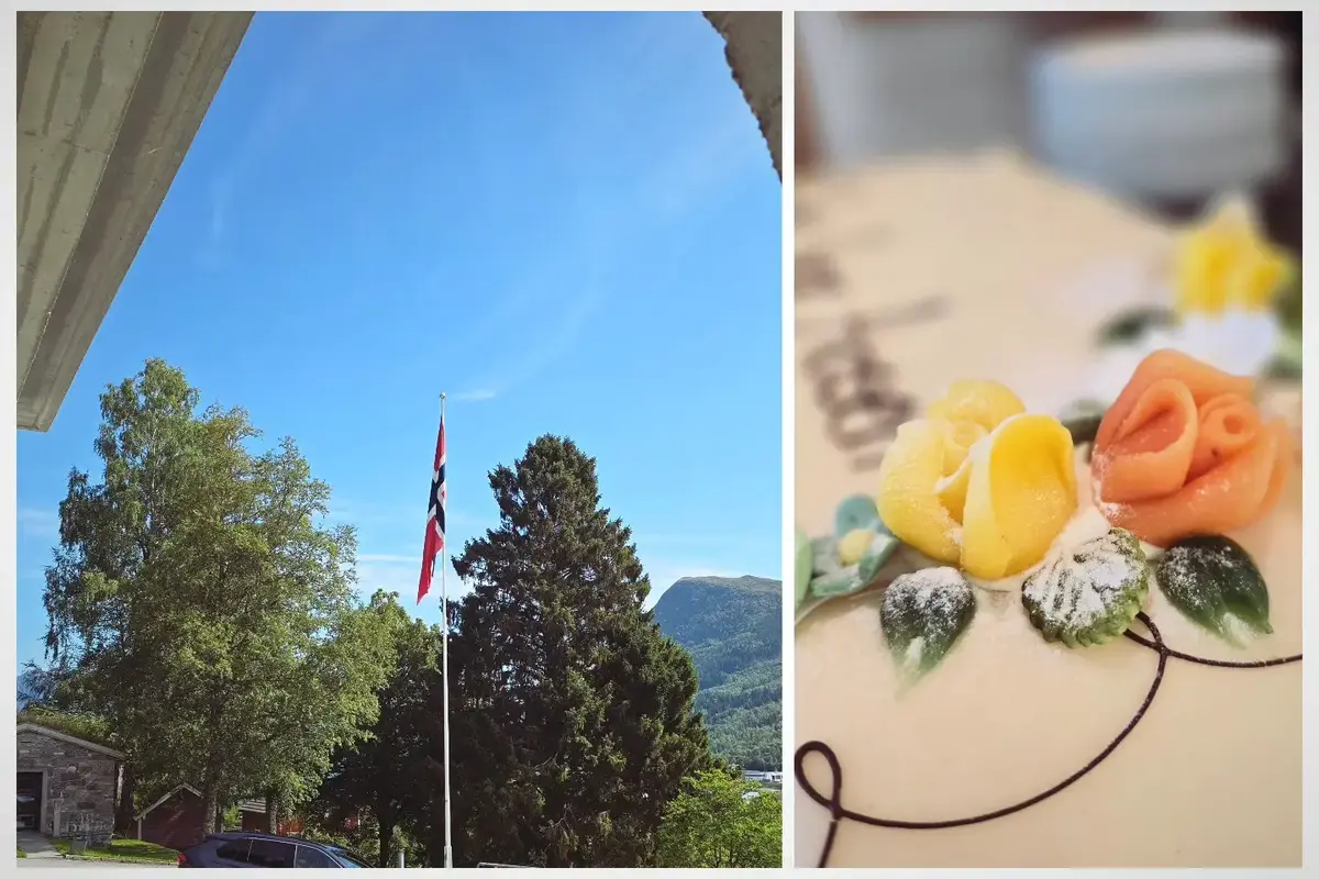 bilde av det norske flagget i flaggstonga i Aasentunet og eit bilde av ei marsipankake med to roser