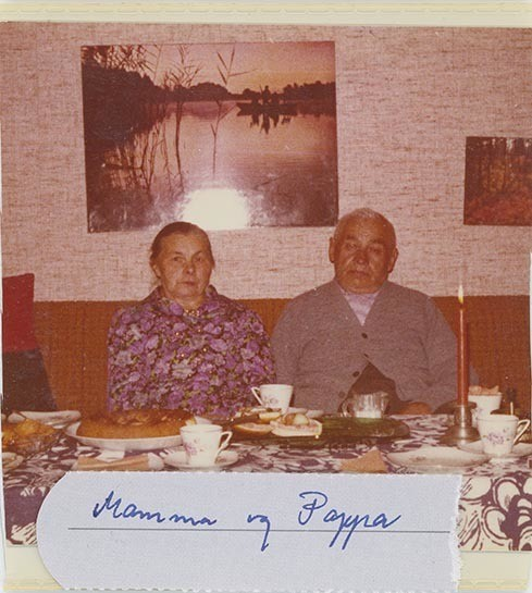 Fotografi av lyngshest, Leif Larsen og hans foreldre, Hans Leonhard Larsen og Astrid Helene Larsen. Hans L. Larsen med hest og plog. Leif Larsen med hest og føll, samt på trappa omgitt av blomster han selv dyrket.