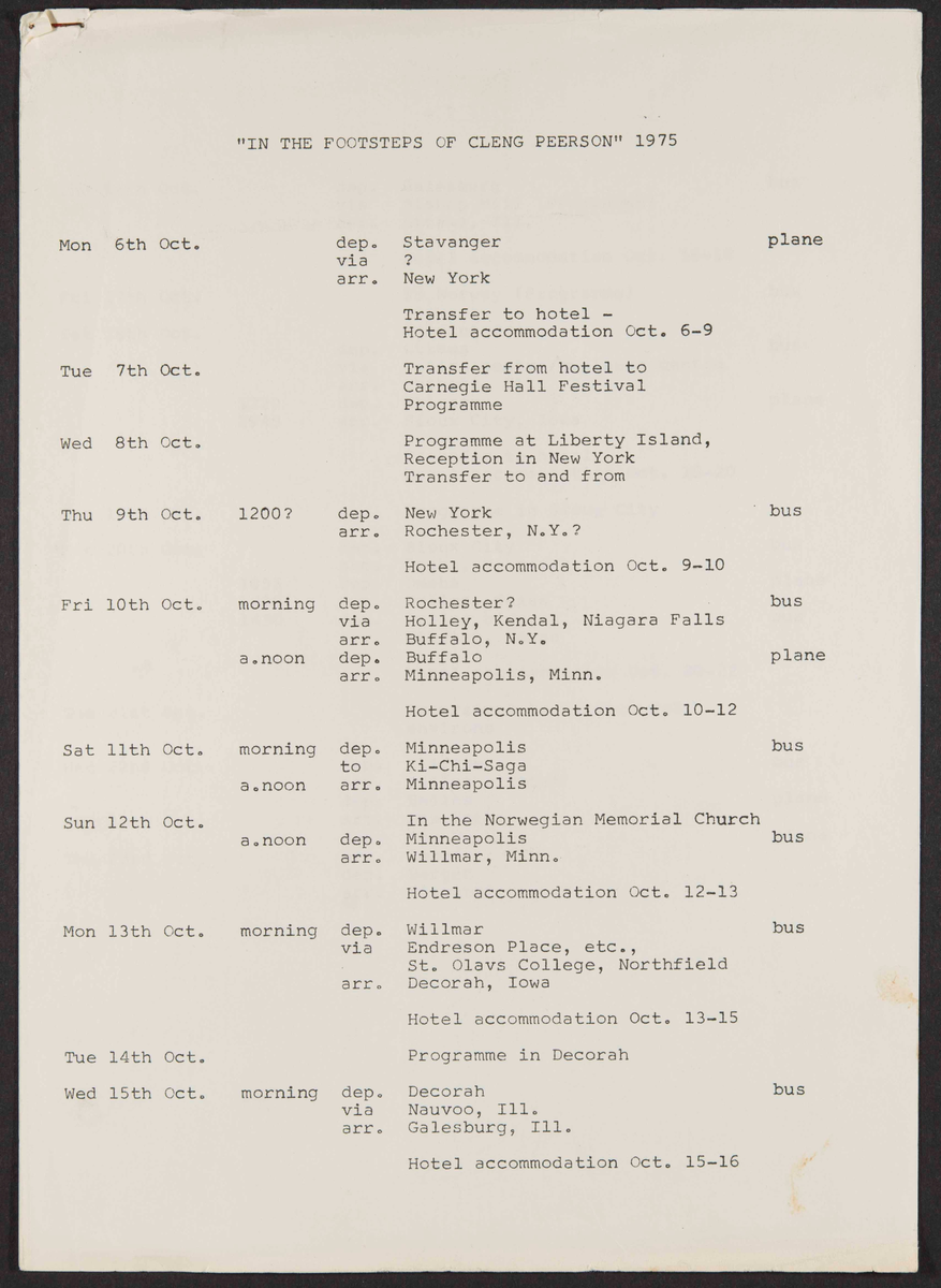 Album som dokumenterer reise til USA i 1972 "I Cleng Peersons fotspor". Albumet inneholder fotografier, reiserute, program, diverse brosjyrer, avisutklipp og tekster