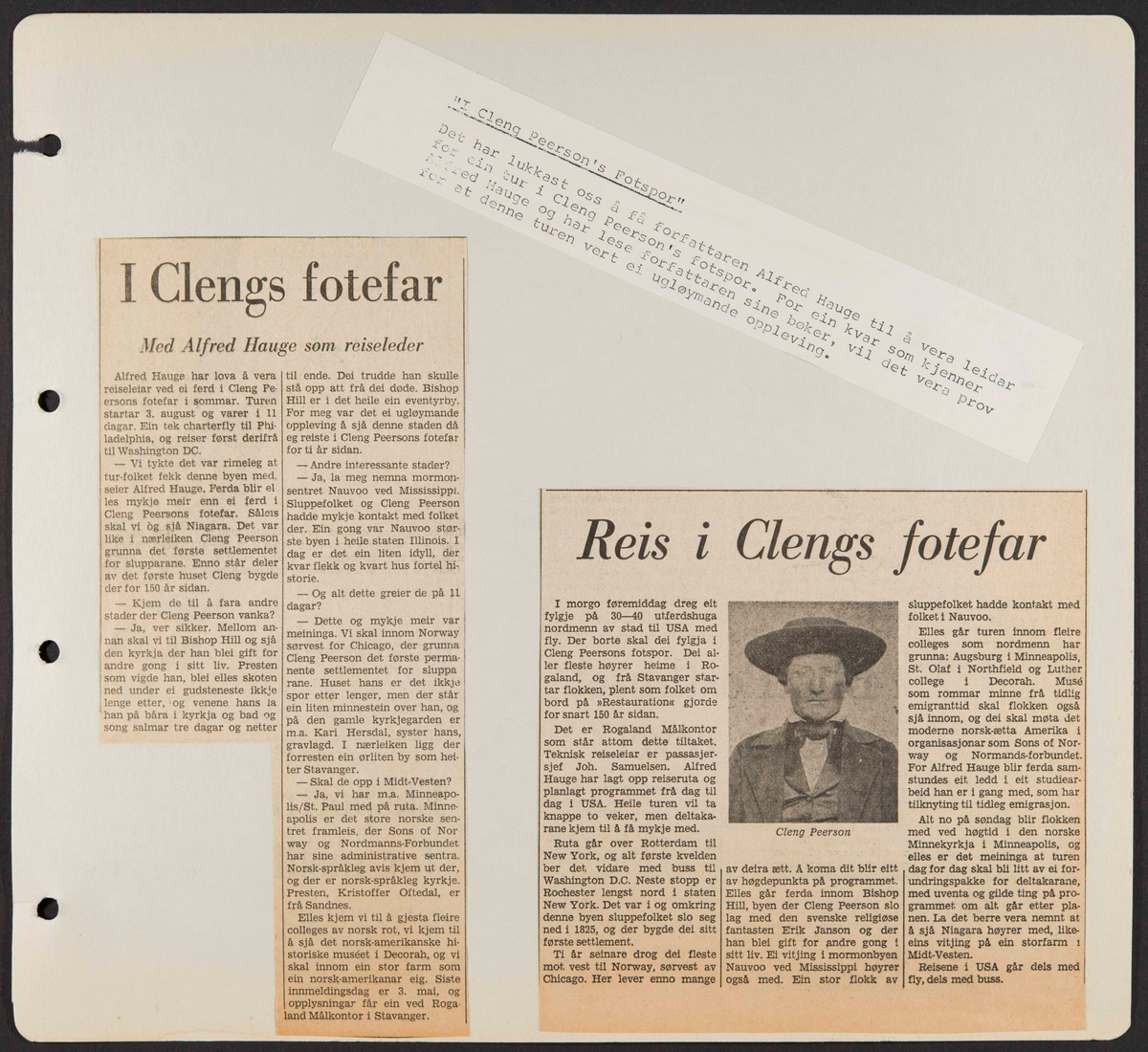 Album som dokumenterer reise til USA i 1972 "I Cleng Peersons fotspor". Albumet inneholder fotografier, reiserute, program, diverse brosjyrer, avisutklipp og tekster