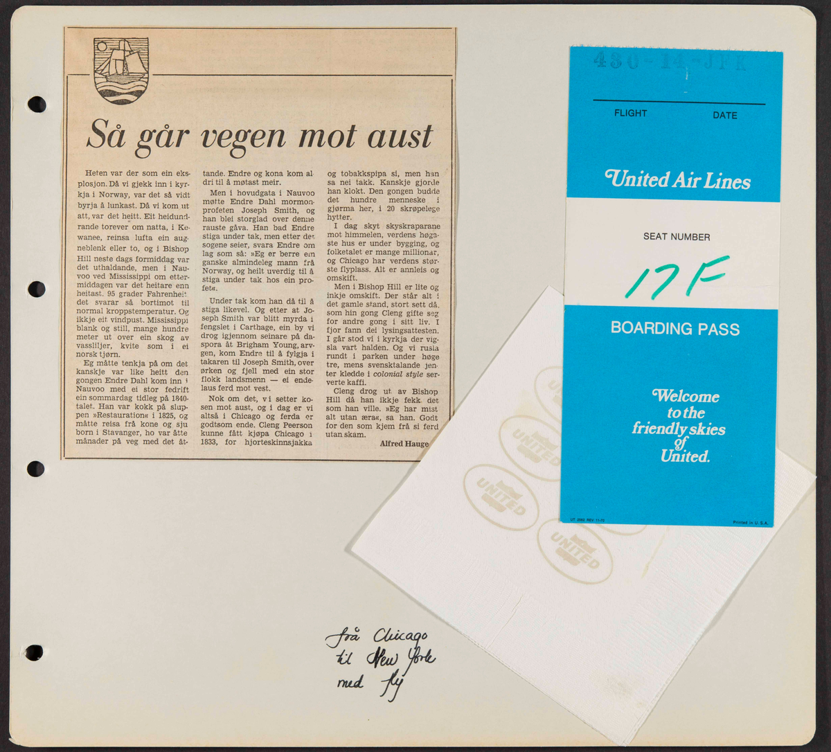 Album som dokumenterer reise til USA i 1972 "I Cleng Peersons fotspor". Albumet inneholder fotografier, reiserute, program, diverse brosjyrer, avisutklipp og tekster