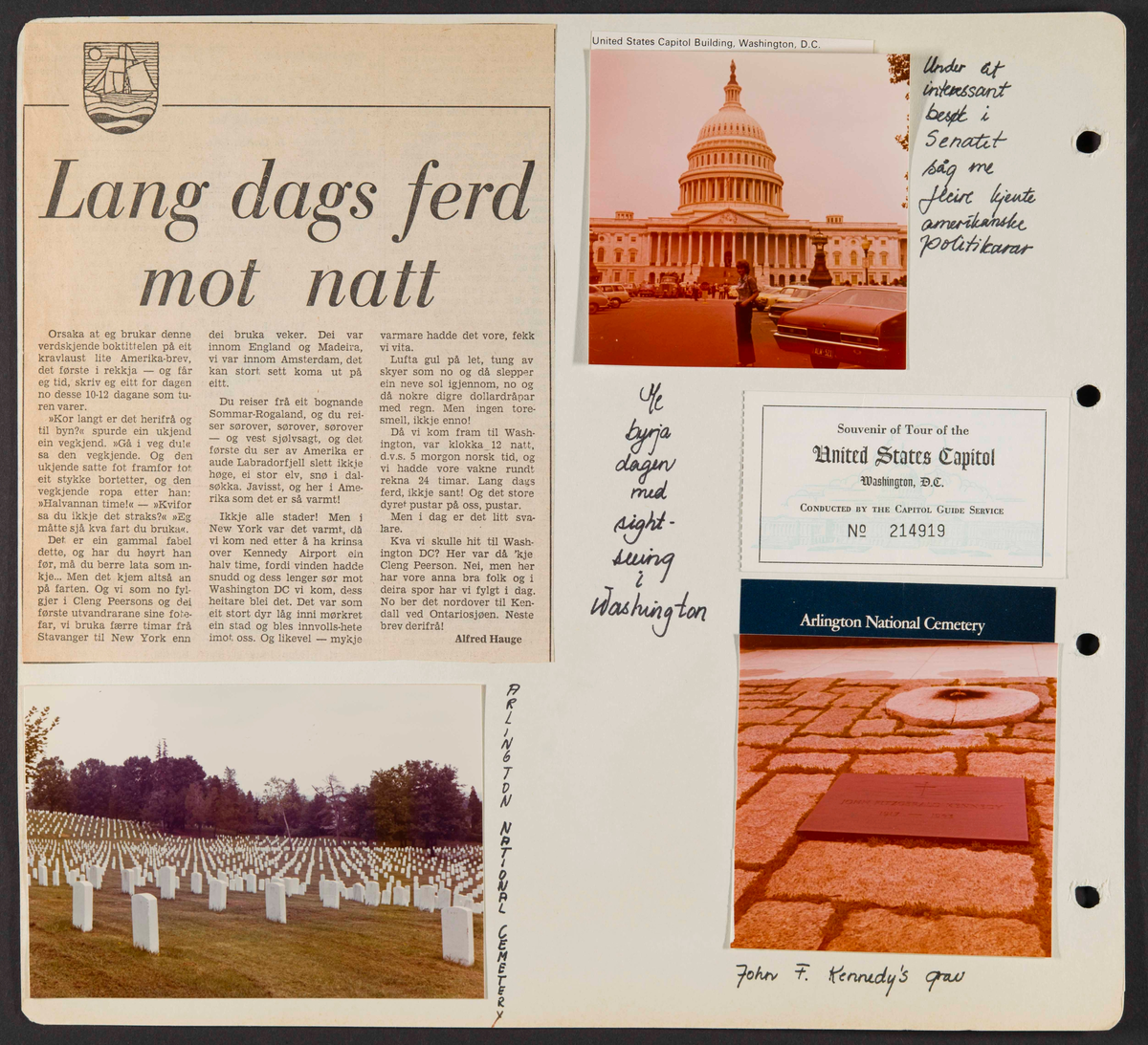 Album som dokumenterer reise til USA i 1972 "I Cleng Peersons fotspor". Albumet inneholder fotografier, reiserute, program, diverse brosjyrer, avisutklipp og tekster