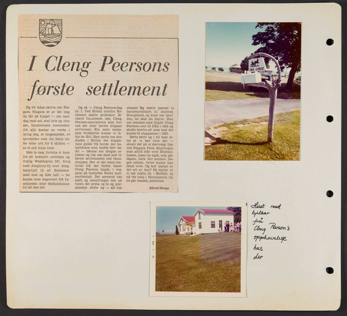 Album som dokumenterer reise til USA i 1972 "I Cleng Peersons fotspor". Albumet inneholder fotografier, reiserute, program, diverse brosjyrer, avisutklipp og tekster