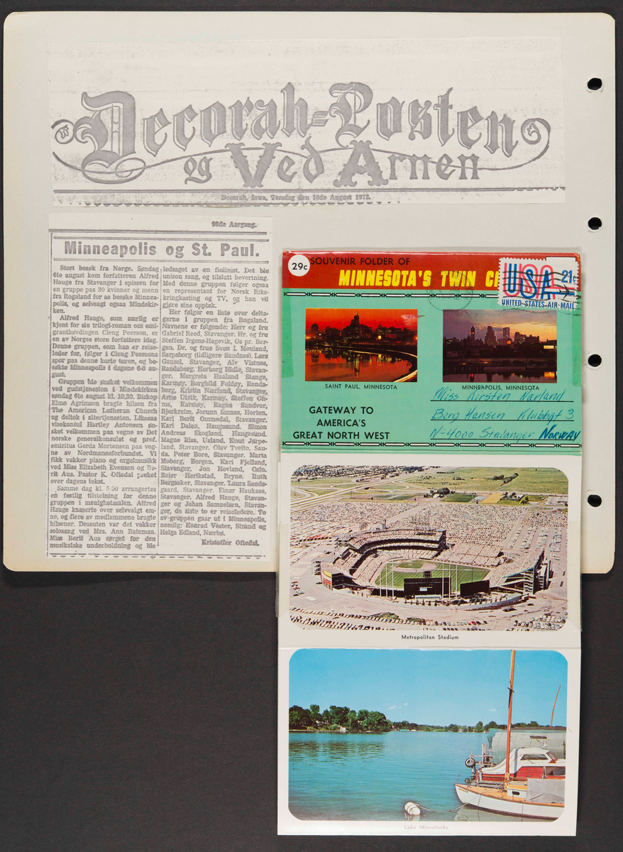 Album som dokumenterer reise til USA i 1972 "I Cleng Peersons fotspor". Albumet inneholder fotografier, reiserute, program, diverse brosjyrer, avisutklipp og tekster