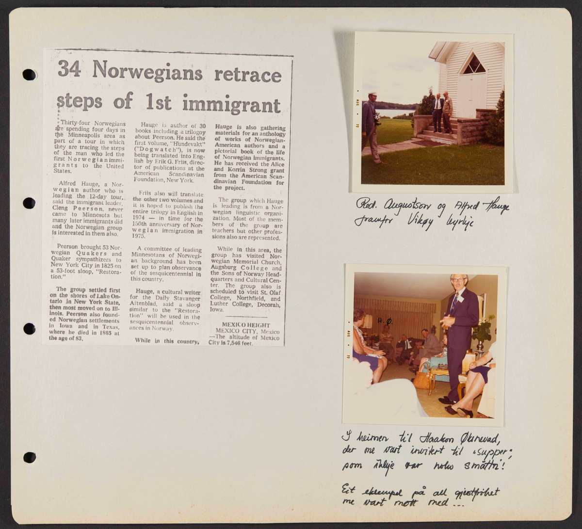 Album som dokumenterer reise til USA i 1972 "I Cleng Peersons fotspor". Albumet inneholder fotografier, reiserute, program, diverse brosjyrer, avisutklipp og tekster