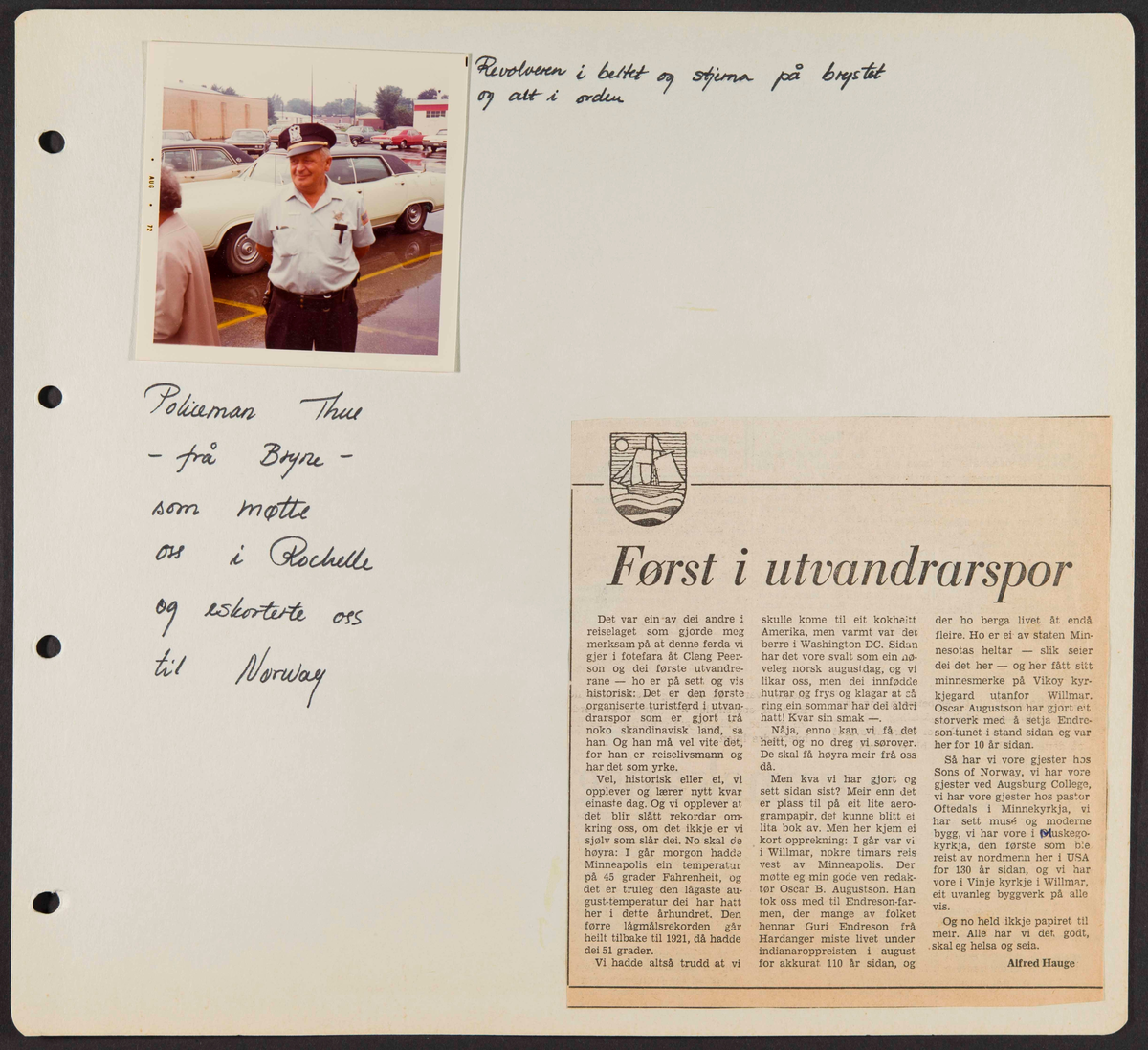 Album som dokumenterer reise til USA i 1972 "I Cleng Peersons fotspor". Albumet inneholder fotografier, reiserute, program, diverse brosjyrer, avisutklipp og tekster