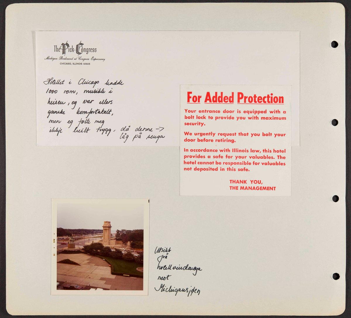 Album som dokumenterer reise til USA i 1972 "I Cleng Peersons fotspor". Albumet inneholder fotografier, reiserute, program, diverse brosjyrer, avisutklipp og tekster