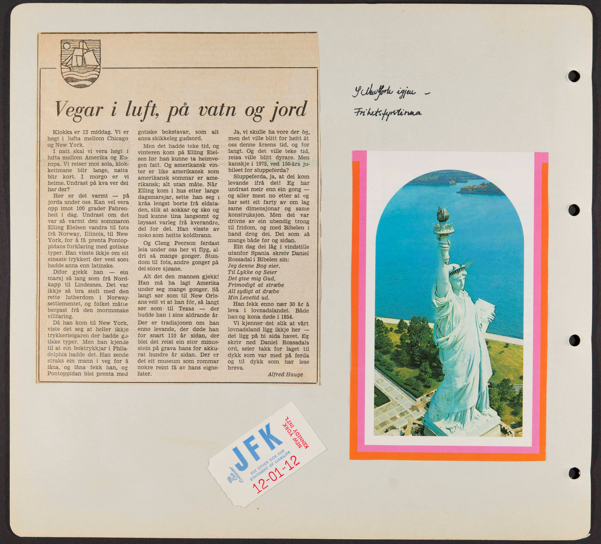 Album som dokumenterer reise til USA i 1972 "I Cleng Peersons fotspor". Albumet inneholder fotografier, reiserute, program, diverse brosjyrer, avisutklipp og tekster