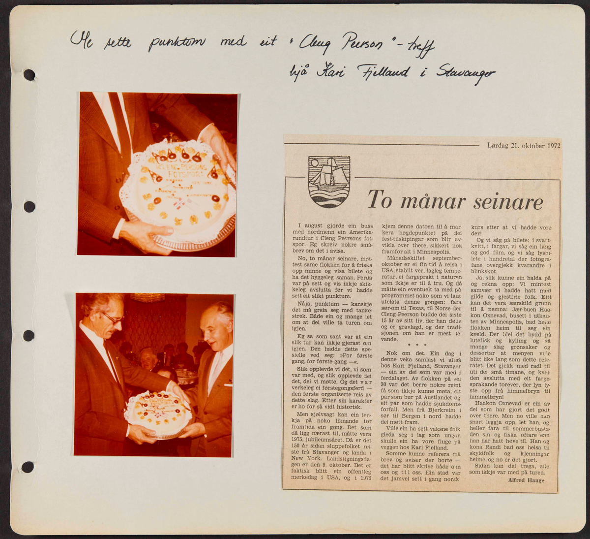 Album som dokumenterer reise til USA i 1972 "I Cleng Peersons fotspor". Albumet inneholder fotografier, reiserute, program, diverse brosjyrer, avisutklipp og tekster