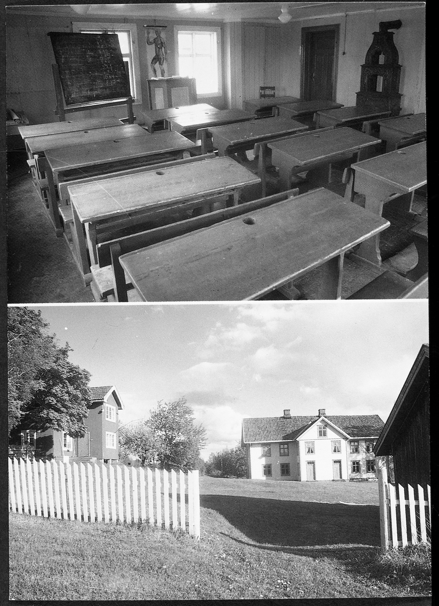 Postkort som viser interiør og eksteriør på Rud skolle, Bøverbru i Vestre Toten. Rud var fast skole fra 1844 til 1962.
