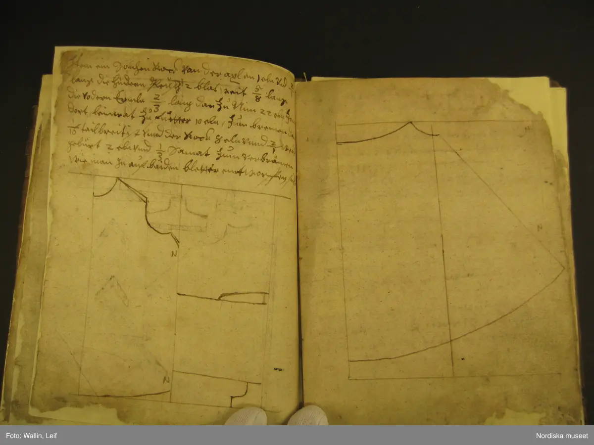 Bok, omslag av pergament, troligen medeltida pergamentblad med latinsk text. Inlaga på 56 (?) med handskriven text på tyska (?) och teckningar visande tillskärning av tält och plagg (kyrkliga plagg?)
Boken har blivit konserverad under sin tid i museet.
/Leif Wallin 2020-01-29