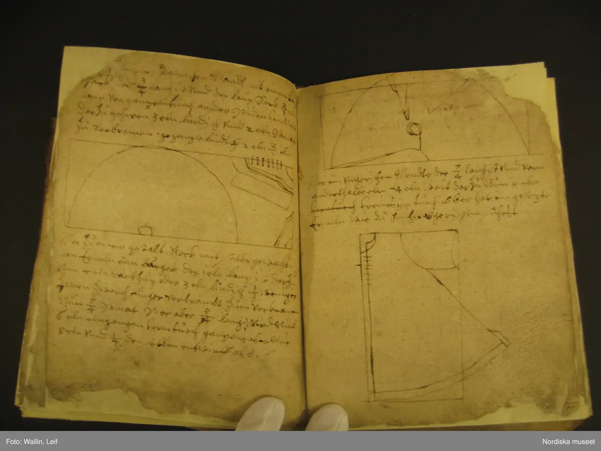 Bok, omslag av pergament, troligen medeltida pergamentblad med latinsk text. Inlaga på 56 (?) med handskriven text på tyska (?) och teckningar visande tillskärning av tält och plagg (kyrkliga plagg?)
Boken har blivit konserverad under sin tid i museet.
/Leif Wallin 2020-01-29