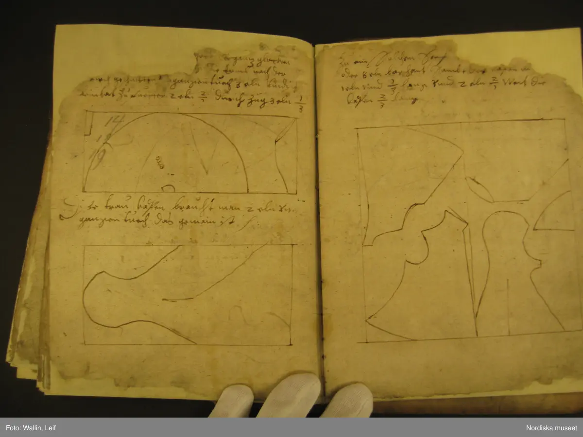 Bok, omslag av pergament, troligen medeltida pergamentblad med latinsk text. Inlaga på 56 (?) med handskriven text på tyska (?) och teckningar visande tillskärning av tält och plagg (kyrkliga plagg?)
Boken har blivit konserverad under sin tid i museet.
/Leif Wallin 2020-01-29