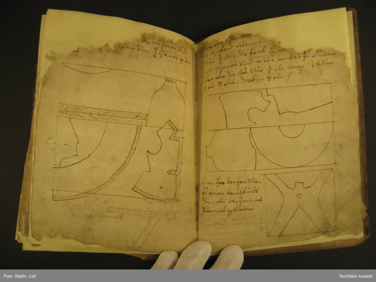 Bok, omslag av pergament, troligen medeltida pergamentblad med latinsk text. Inlaga på 56 (?) med handskriven text på tyska (?) och teckningar visande tillskärning av tält och plagg (kyrkliga plagg?)
Boken har blivit konserverad under sin tid i museet.
/Leif Wallin 2020-01-29
