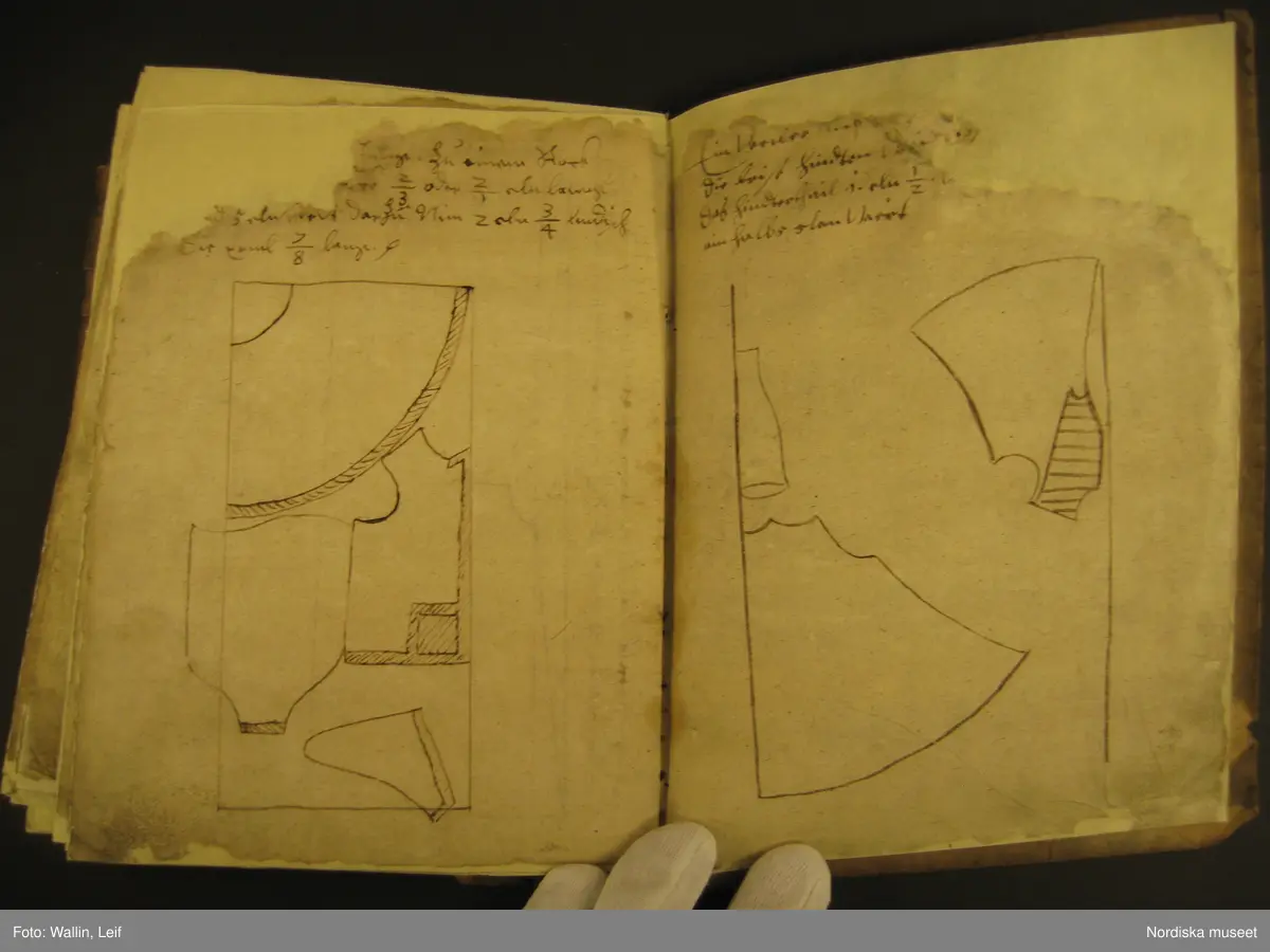 Bok, omslag av pergament, troligen medeltida pergamentblad med latinsk text. Inlaga på 56 (?) med handskriven text på tyska (?) och teckningar visande tillskärning av tält och plagg (kyrkliga plagg?)
Boken har blivit konserverad under sin tid i museet.
/Leif Wallin 2020-01-29