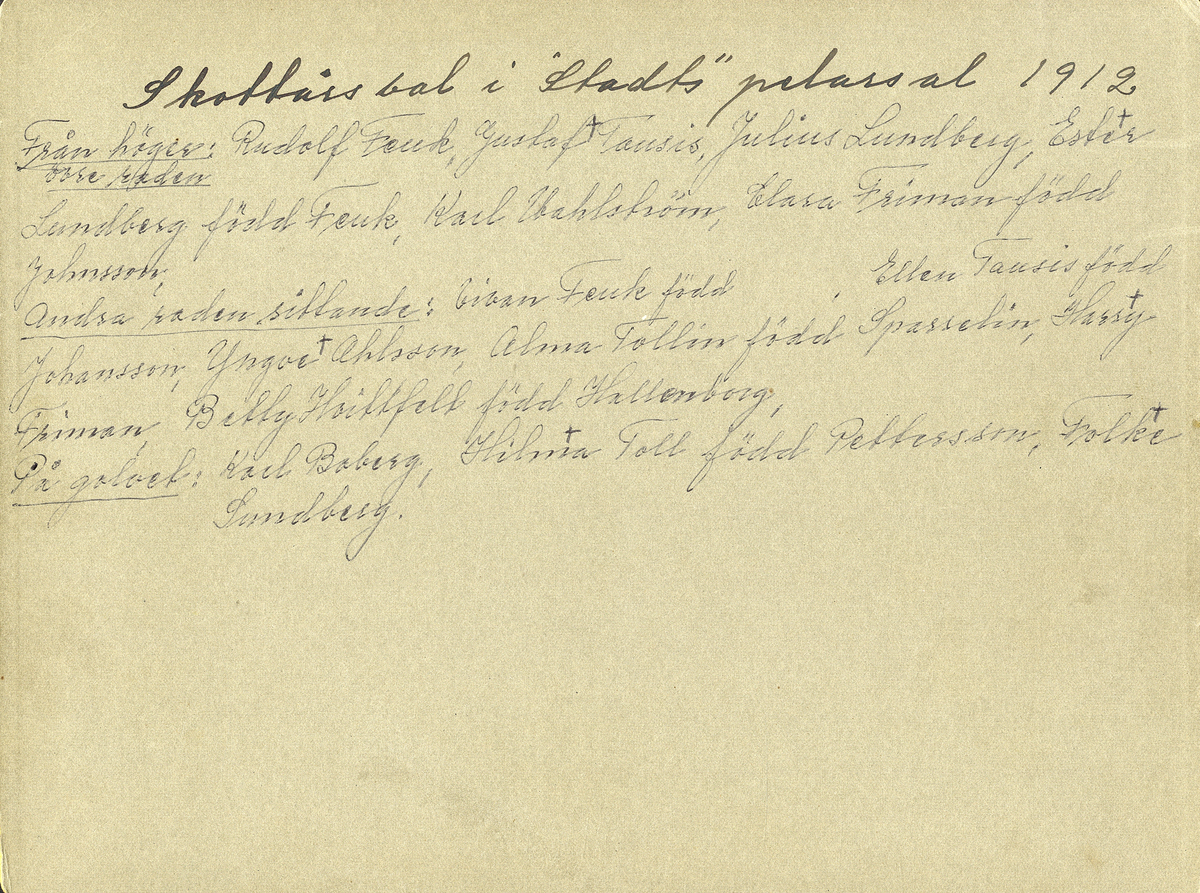 Skottårsbal i "Stadts" pelarsal, Växjö 1912.
En grupp ungdomar har samlats för gruppfoto.
Text på baksidan:
"Skottårs bal i "Stadts" pelarsal 1912. Fr. höger, övre raden: Rudolf Feuk, Gustaf Tausis, Julius Lundberg, Ester Lundberg, f. Feuk, Karl Wahlström, Clara Friman, f. Johnsson. 
Andra raden, sittande: Vivan Feuk, f. Andersson , Ellen Tausis, f. Johansson, Yngve Ahlsson (?), Alma Tollin (?), f. Sposselin (?), Harry Friman, Betty Hvitfeldt (eg. Widfeldt), f. Hallenborg.
På golvet: Karl Boberg (?), Hilma Toll, f. Pettersson, Folke Sundberg."