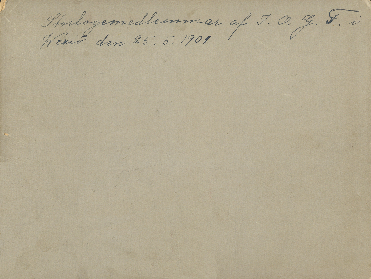 En stor grupp människor har samlats i en trädgård någonstan i Växjö, (Ulriksdal ?) för gruppfoto.
Text på baksidan: "Storlogemedlemmar af IOGT i Wexiö den 25.5. 1901".
