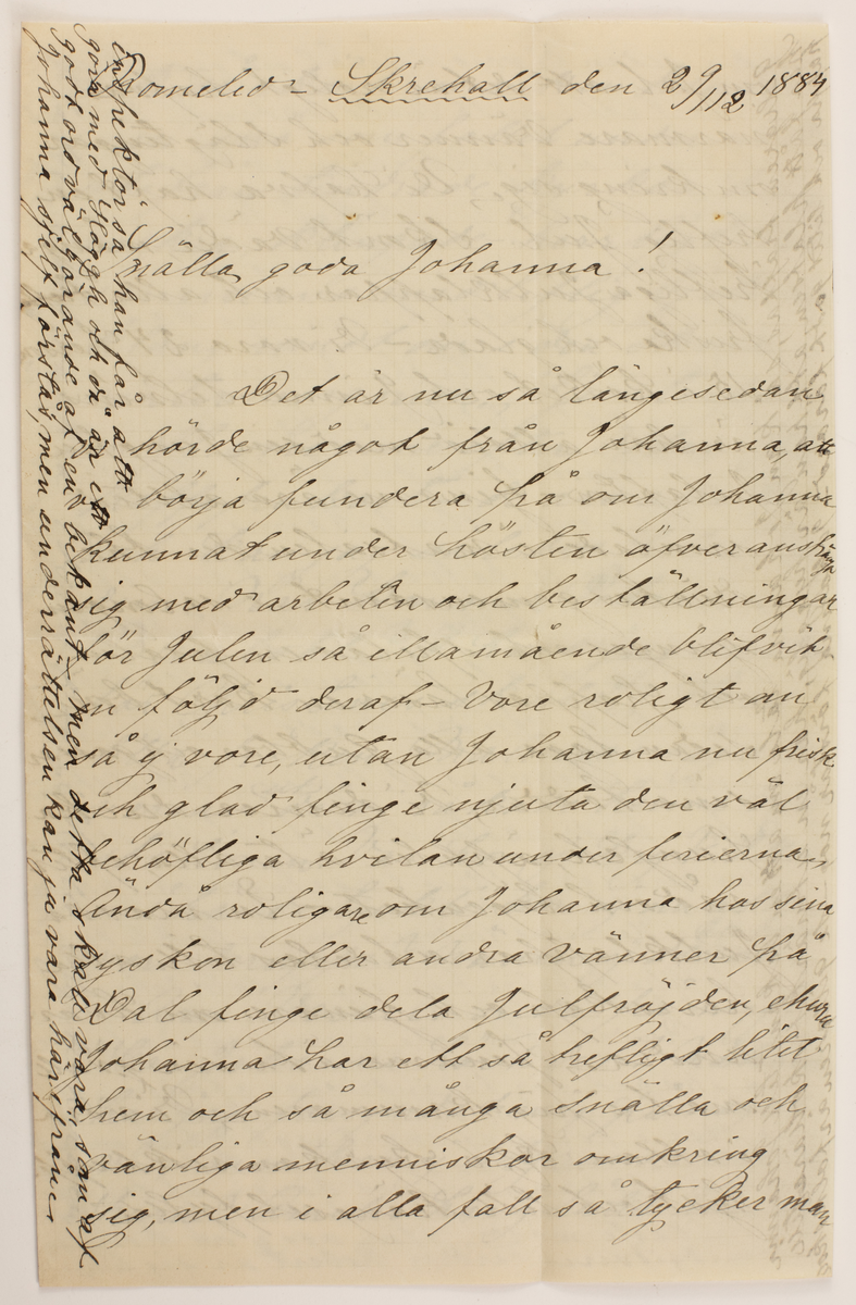 Brev skrivet till Johanna Brunsson.

Romelid- Skrehall den 29/12 1884.
Snälla goda Johanna!
Det är nu så längesedan vi hörde något från Johanna att vi börja fundera på om Johanna kunnat under hösten öfveransträngt sig med arbeten och beställningar för julen så illamående blifvit en följd deraf - vore roligt att så ej vore, utan Johanna nu frisk och glad finge njuta den väl behöfliga hvilan under ferierna ändå roligare om Johanna har sina syskon eller andra vänner på Dal finge dela Julfröjden, ehuru Johanna har ett så trefligt litet hem och så många snälla och vänliga menniskor omkring sig, men i alla fall så tycker man 

I marginalen: inspektör så han får att göra med Häggh och då är ett godt och välgörande af en bekant med detta skall vara som af Johanna sjelf förstås, men underrättelsen kan ju vara härifrån
--
om jul att det är roligt hafva närmare vänner och slägtingar omkring sig. Vi hafva haft en treflig Jul -Skönt väder, många trefliga Julklappar och alla friska och glada - Vi voro 24 personer 15 i köket och 9 inne Selvéns är här alltid med sin jungfru Julafton- tjenarne äro alltid samlade i matsalen der the drickes gemensamt i salongen sjunges och spelas en psalm och pappas läser en kort bön, sedan laga alla gubbar och gossar sina toddar, Vi damer dricka punsch, äpplen äta alla, efter råd och lägenhet - En massajulklappar utdelas till alla herrskap och tjenare nu hvarandra. Tjenarne äta sin qvällsmat i pigkammaren. Vi voro i ottan Kl. 6 kyrkan rikt upplyst och till trängsel fylld.

I marginalen: platsen i det vackra Edsleskog skulle kyrkoherden Gillgren träffas så kan Johanna tala om att en bekant till Johanna har fått platsen att han är hygglig, har en utmärkt skollärare till pappa och litet godt förord- Johanna förstår nog-se Gillgren är folkskole
--
Ack så skönt-marken klädd i ren snö som fallit under natten utifrån tindrade kyrkan klockorna vackra klingade herrligt tillsammans med liflig bjellerklang rundt om i den sköna vintermorgonen. Sjuntorparne m.fl. voro inne efter ottan på kaffefrukost - de äro alla krya och kan jag således helsa från dem. När kommer Pehrsson i Buxbohl? O hvad jag väntar för Christines skull, Hvad lilla fröken Malmros såg allvarsam ut då vi råkade henne vid stationen. Var hon ej kry? eller måhända tyckte hon ej om att vi
voro deruppe? Nämn ej derom till henne Äro Verners onda på mig? Har Johanna hört det? Måhända har jag försyndat mig på något vis - men kan ej utgrunda när och
huru? Amelie har ef låtit höra af
--
sig sedan vi voro i Åmål och jag skref genast ett i mitt tycke ordentl. bref och dermed uppfyllt allan rättfärdighet men jag vet ej riktigt hvar jag har Werners ändå- Stackars Amelie! Hafva de trefligt i sin nya bostad? Werner får ofta på pelsen i tidningarne har är väl litet oförsigtig. Huru går det med titten hit under jul? Hjertligt välkommen blir Johanna af oss alla ehuru vi ej havfa annat än oss sjelfa och en visit på Sjuntorp att bjuda på, Nu skall Johanna helsa alla mycket; Rudás både äldre och yngre; Werners, Gillgrens, Nordstrand  (han borde nästan stått först, som så genom sin herrliga aldrig förgätna sång, så oändligt mycket bidrog till de angenäma minnena, ack hans sköna Hosianna söndafsefterm: jag tänkt derpå då jag idag spelade igenom melodien.) samt den lilla hyggliga frun, som hjelpte Johanna i köket emmellanåt. Hocken va de mer
än Ruda? Hos alla grannarne är friskt under jul- allt sig likt- denna orten är ej skapad för förändringar af någon art om åtminstone Pehrsson ville börja och rifva i högen af snart sagt ortens gamla ungmör. De mina helsa alla och önska Johanna en god början af det nya året - helsa och trefnad och allt möjligt godt i rikaste mått. glöm oss ej om tiden det medgifver, farbror Robert är sig lik-

I marginalen:
Håll till godo med det lilla enkla Kortet. Johannas vän aurora Likaså Sara- Tänk hvilken tur Henrik Häggh hade som en vecka Efter det han tagit examen till folkskolelärare i Karlstad sökte och fick
