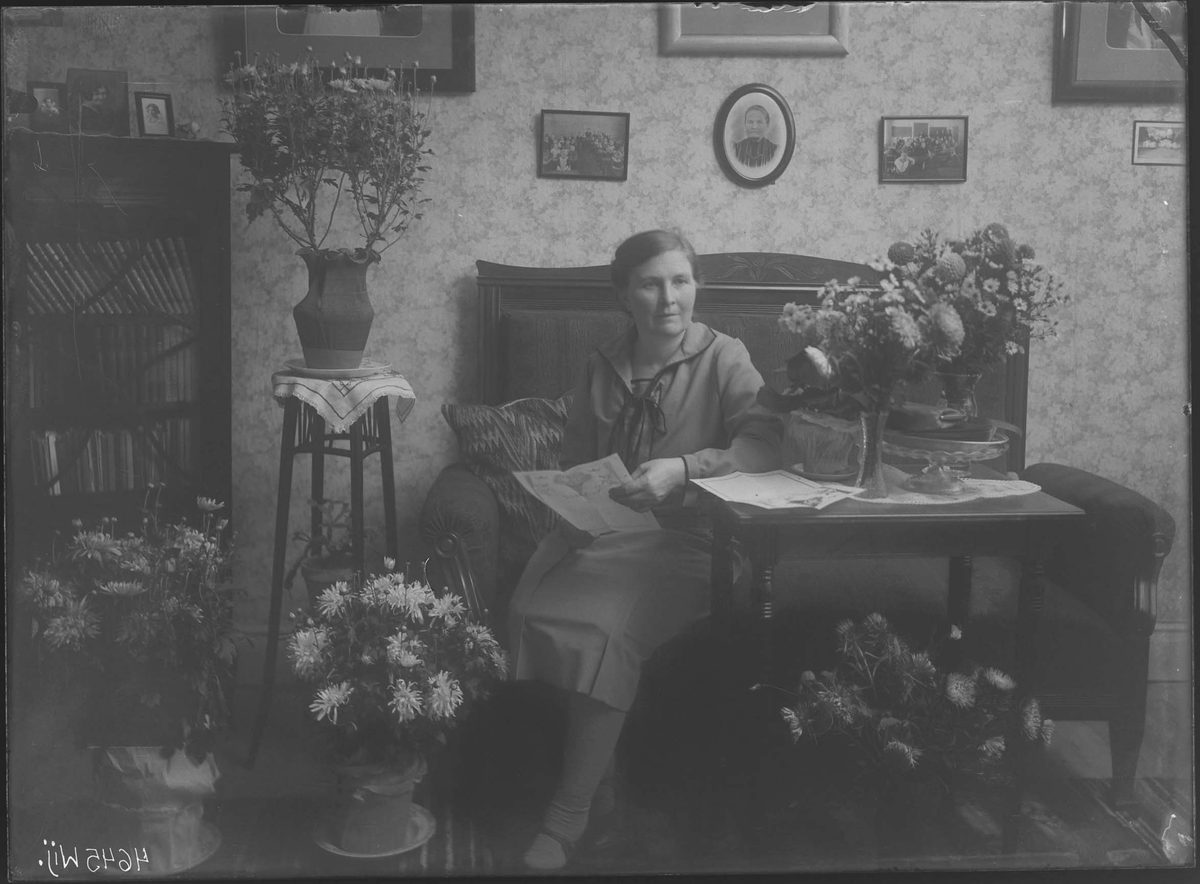 Fotografering beställd av Molin på Nygård 7 i Västerås. Föreställer Brita Selina Forslund (1879-1935) som gifte sig Mohlin. Hon firar sin 50-årsdag den 1 augusti 1929.