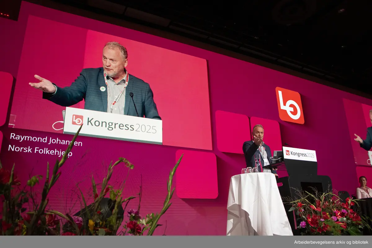 Raymond Johansen taler på LO-kongressen den 8. mai 2025 i Folkets hus, Oslo.