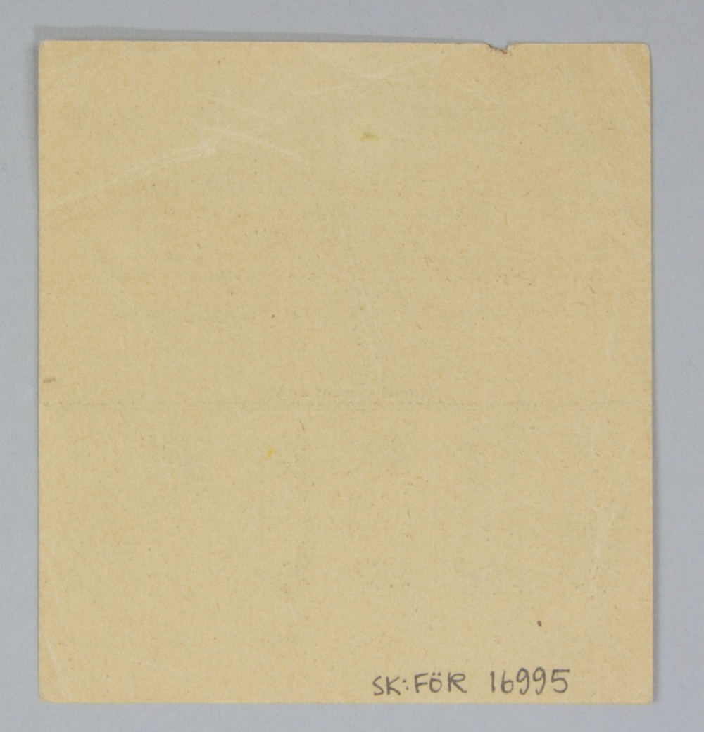 Ransoneringskort för bröd. "Brödkort för långtidsransonering". Tryckt på oblekt papper med smått mönster i brunt. Sex kuponger.