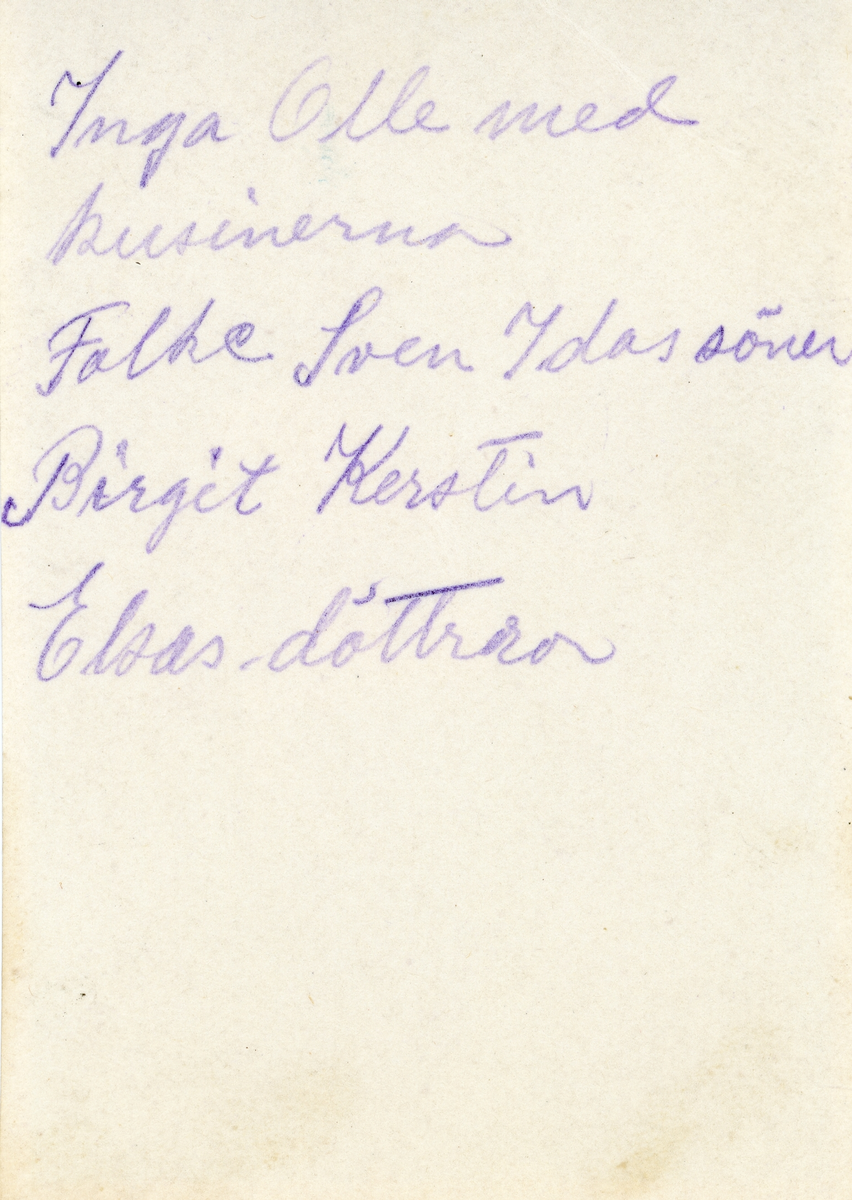 Foto av en barnaskara. Text baksida kort: "Inga och Olle med kusinerna Folke, Sven - Idas söner, Birgit, Kerstin - Elsas döttrar".