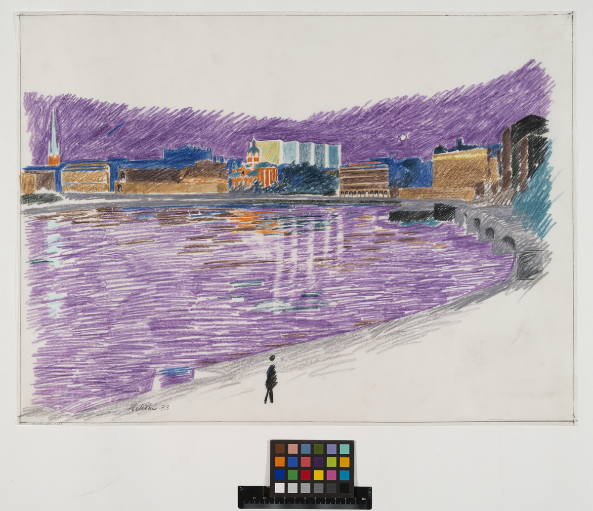 Hötorgscity. Tävling om ljusreklam på höghusens gavlar.
Illustration av Hötorgsskraporna från Skeppsholmen.