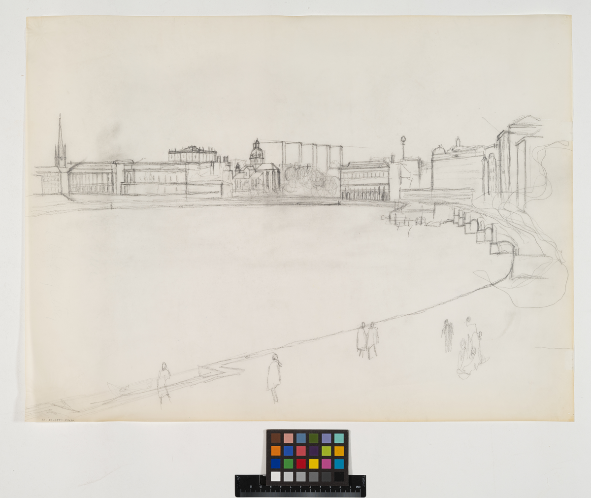 Hötorgscity. Tävling om ljusreklam på höghusens gavlar.
Illustration av Hötorgsskraporna från Skeppsholmen.