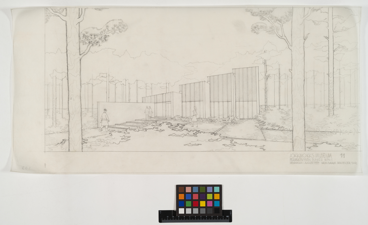 Jokkmokk museum, senare Ájtte, Svenskt fjäll- och samemuseum.
Illustration av exteriör.