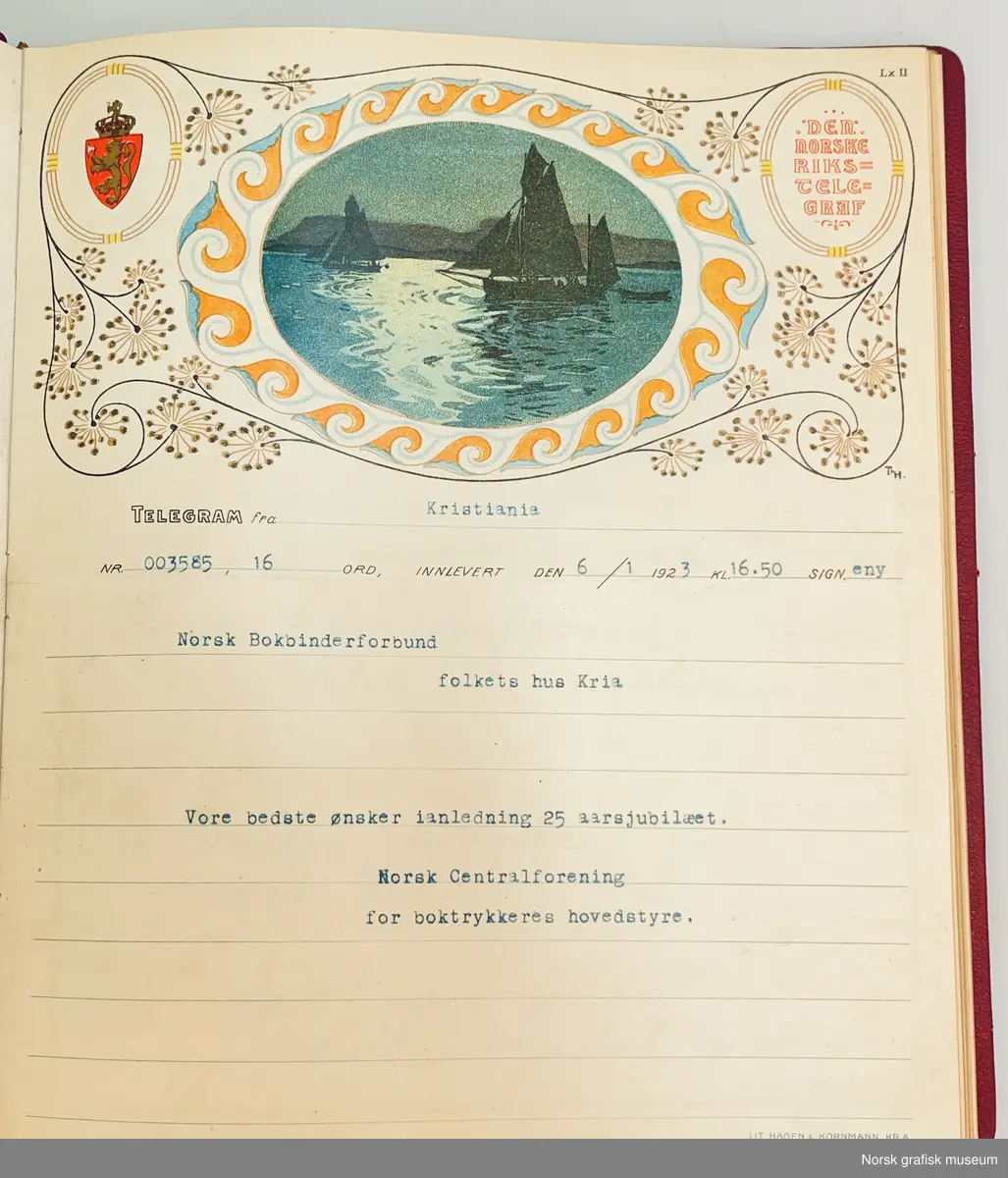 En innbundet mappe i burgunder skinn med tittel og speil i gull. Marmorert forsatspapir. 

Mappen inneholder ren rekke telegram fra andre foreninger med gratulasjoner i forbindelse med 25 års jubileet.