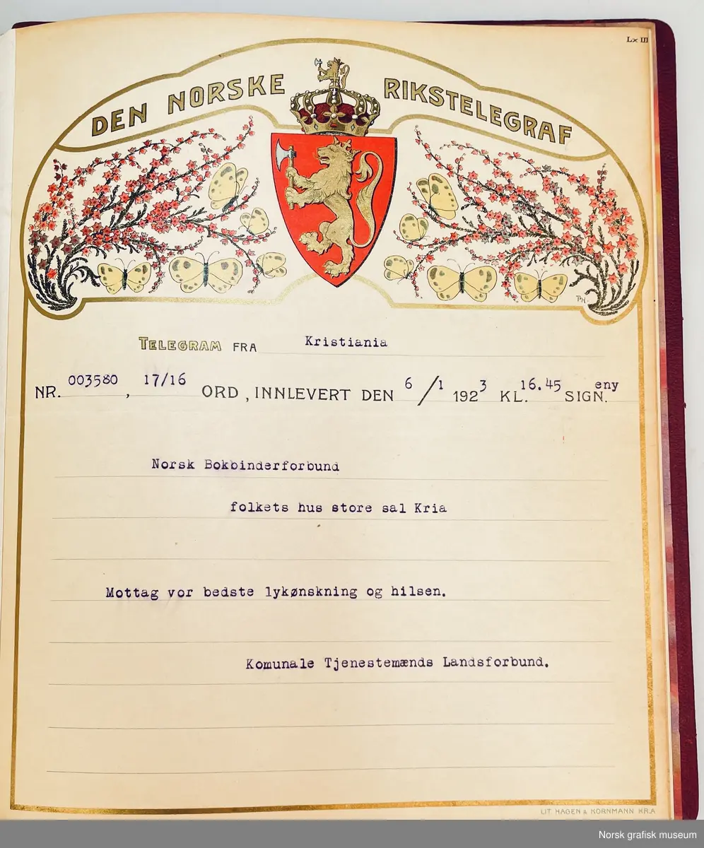 En innbundet mappe i burgunder skinn med tittel og speil i gull. Marmorert forsatspapir. 

Mappen inneholder ren rekke telegram fra andre foreninger med gratulasjoner i forbindelse med 25 års jubileet.