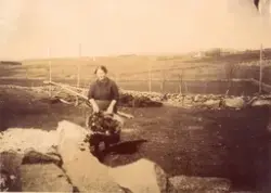 Ei kvinne med ein kurv ull i eit jordbrukslandskap - på Kviagarden. Bildet er brukt i "Sjå Jæren" 1995, s 101. Bildetekst: "Karen Aanestad, kona på garden, er iferd med å vaska ull. Ulla blei brukt til å veva kvitlar (ullteppe)".