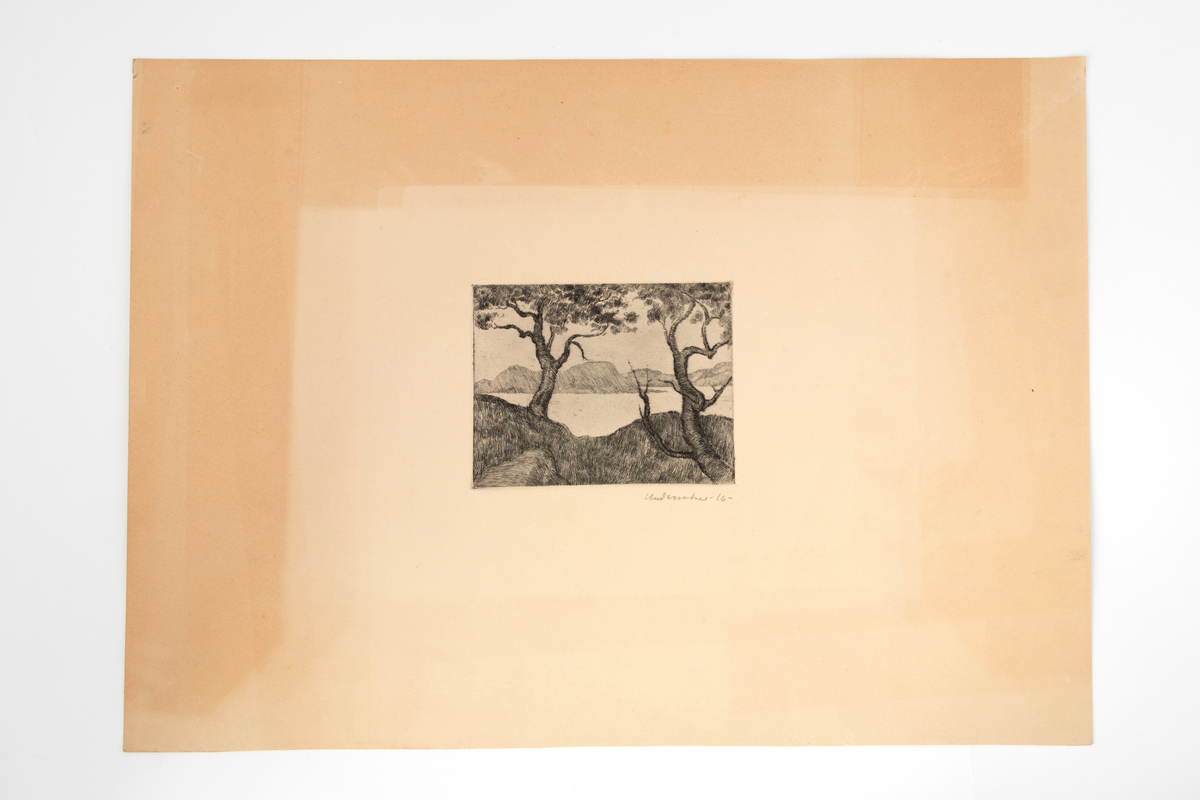 Landskap, med to trær i frogrunn. Et vann, med en rekke fjelltopper i bakgrunn.