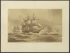 Denna reprofotografi efter en målning av Jacob Hägg föreställer segelfregatter och korvetter under segel i hård väder till havs.