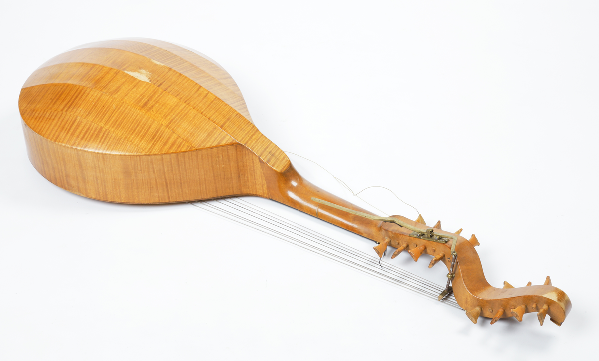 Instrumentet är en så kallad Teorb, basluta. Den har välvd botten och plant lock. Den är tillverkad av ett ljust träslag som fernissats. Lutan har varit försedd med åtta spelsträngar och åtta Bordun strängar fästa i en speciell skruvlåda. Greppbrädan har fjorton greppband av metall, varav fem är fästa i locket. Bordun strängarna kortas med en speciell mekanism fästad under den första skruvlådan. Mekanismen är tillverkad av mässing. Ljudhålet är smyckat med ett fyrpass som har en cirkel kring en femsträngad lyra. Inuti lutan finns en papperslapp där det står: Förferdigad af Jahan Jerner, Stockholm 1800. Lutan förvaras i ett rödmålat fodral av trä, klätt med grått karduspapper. Litet hopfällbart notställ i trä förvaras också i lådan.